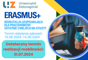 Erasmus +, rekrutacja uzupełniająca dla pracowników 10-14.06.2024